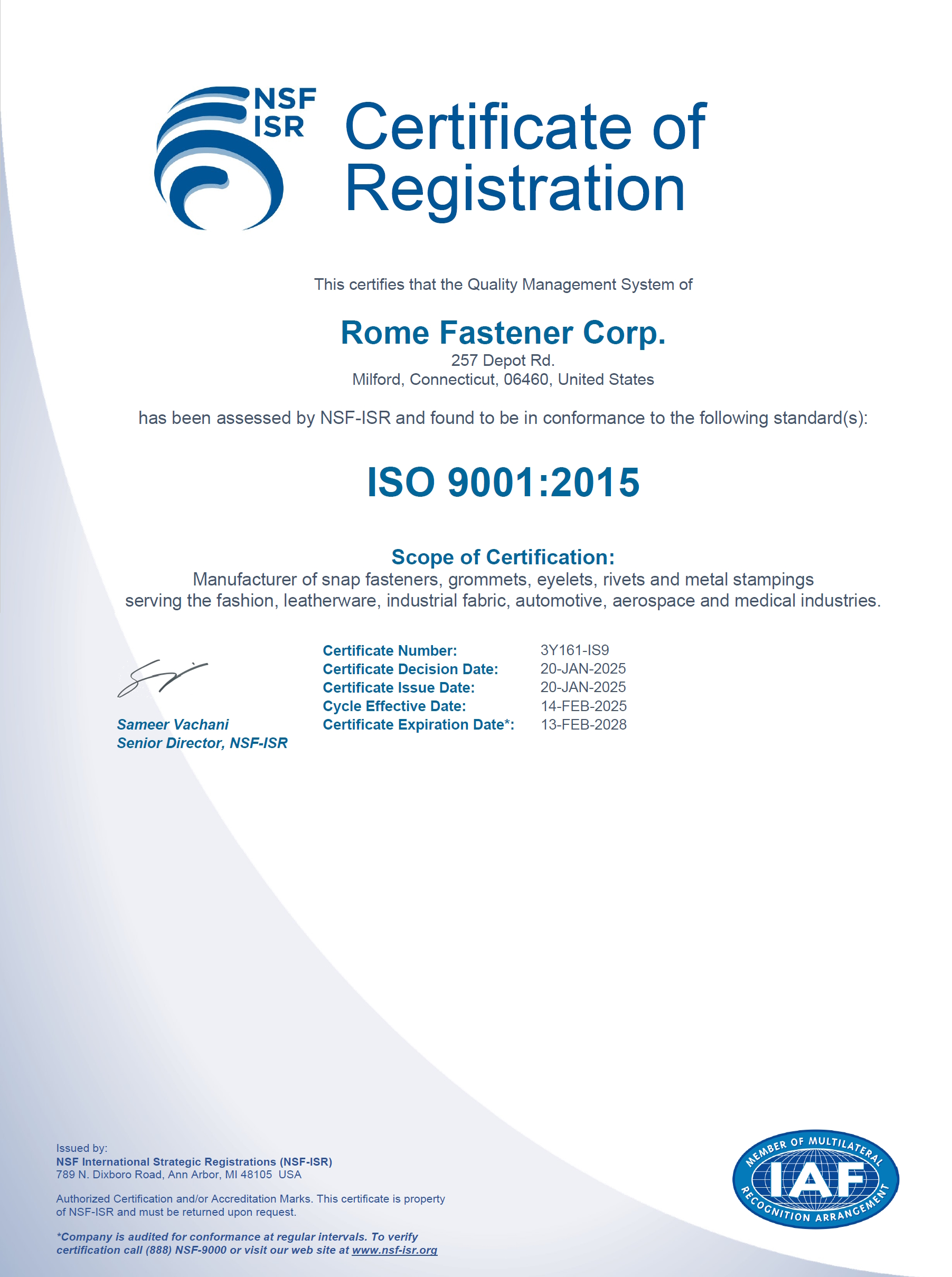 Romefast ISO 9001:2025 Certification